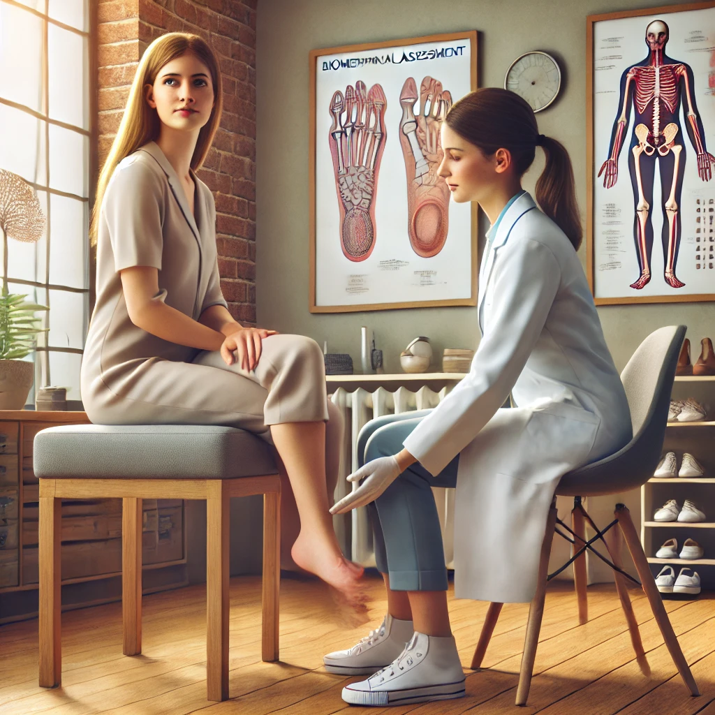 A realistic scene in a modern clinic in England, featuring a female professional performing a biomechanical assessment on a female patient.