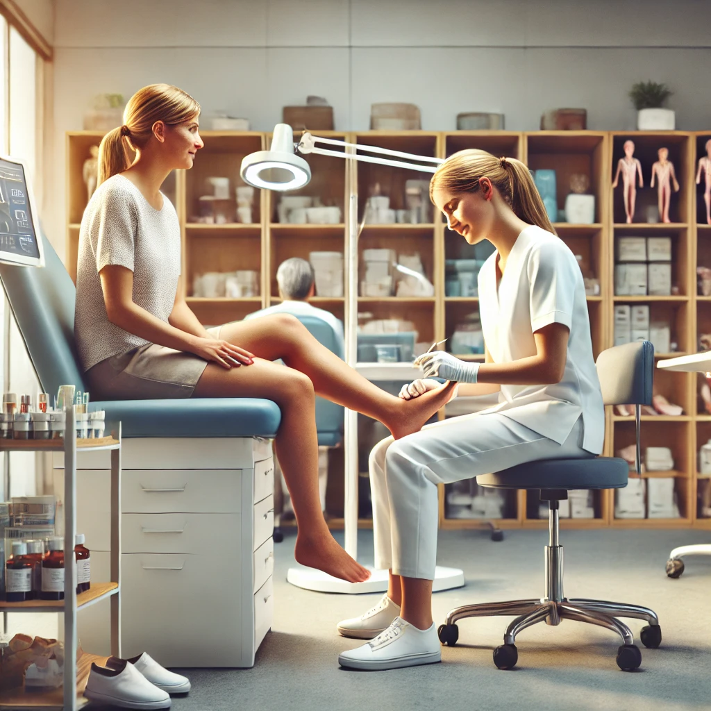 A realistic scene in a modern clinic in England, showing a female professional providing wound care for foot health to a female patient.